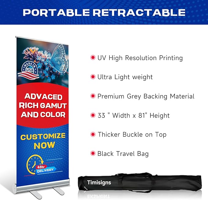 Custom Retractable Banner with Aluminum Stand, Personalized Pop up Banners and Full Color Design with Portable Travel Case for Events, Trade Shows, Advertising, Business, Photo (33"x81")