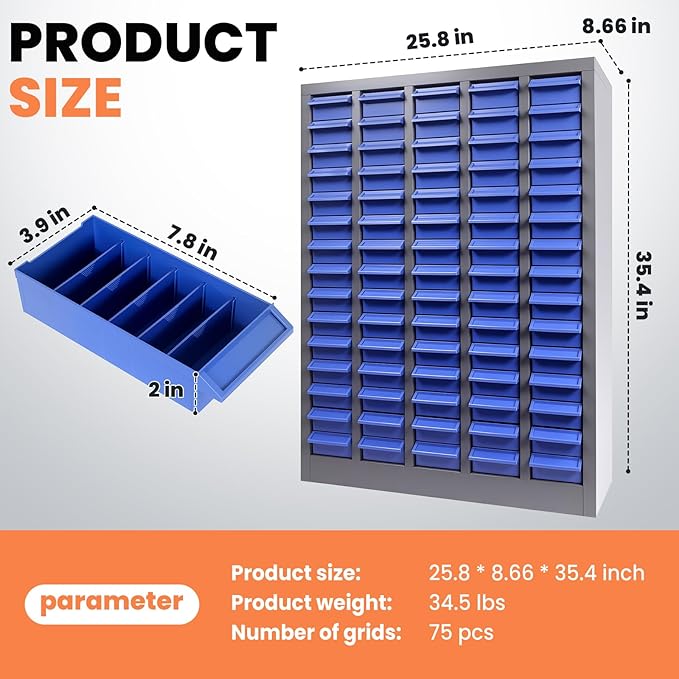 75 Drawers Bolt and Nut Tool Storage Cabinet, Large Capacity Parts Organizer with Label Stickers for Screws, Nuts, and Bolts
