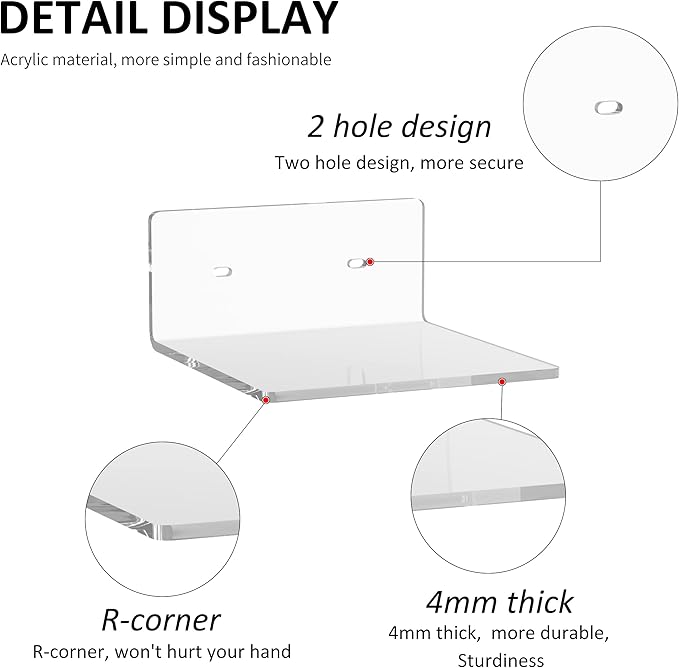 6 Inches Acrylic Small Wall Shelves 2 Pack, Floating Shelf for Wall Mounting, Acrylic Display Ledges for Funko Pop Figures, Home Décor, Living Room, Gaming Room, Plants(6 inch, Clear)