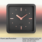 Driini Modern Mid Century Desk & Shelf Clock (Black Rose Gold) - Battery Operated with Silent, Analog Movement – Small Tabletop Clocks for Office – Perfect for Mantle, End Table, Desktop or Nightstand