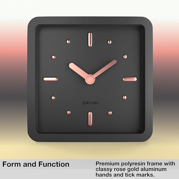 Driini Modern Mid Century Desk & Shelf Clock (Black Rose Gold) - Battery Operated with Silent, Analog Movement – Small Tabletop Clocks for Office – Perfect for Mantle, End Table, Desktop or Nightstand