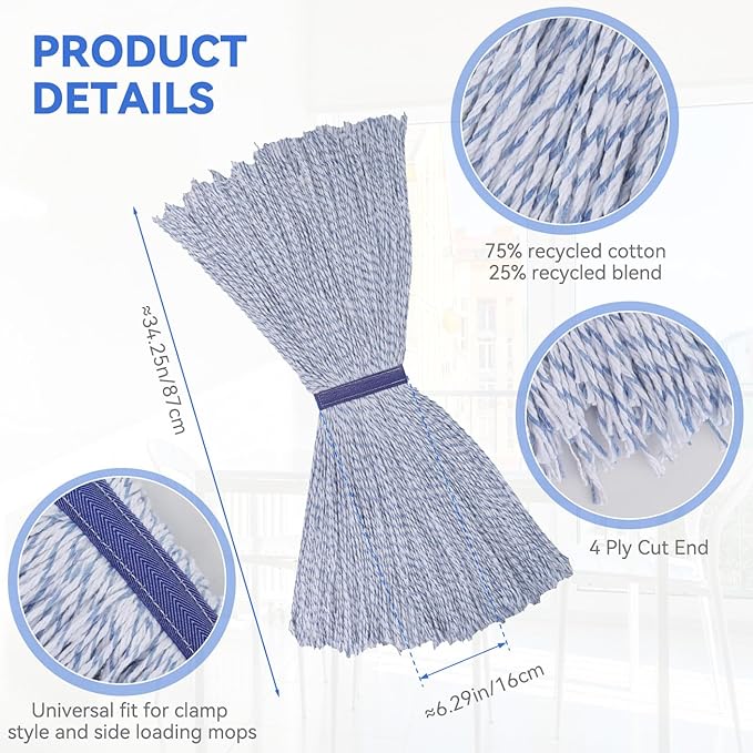 Commercial Heavy Duty Mop Heads Replacement for Rubbermaid: 3 Packs Industrial Wet Mop Head for Floor Cleaning - Cotton Commercial Products Wet Refills