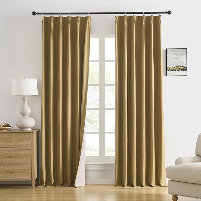 DUALIFE Gold Tan Pinch Pleated Blackout Curtains 90 Inches Long, Back Tab with Hooks, Linen Full Black Out Thermal Insulated Track Curtain for Bedroom Living Room,40 W x 90 L, 2 Panels