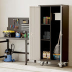 Metal Storage Cabinet with Lock-71 Tall Tool Organizer Steel Lockers w/Hanging Rod Metal Wardrobe Cabinet on Wheels for Home, Office, Warehouse, Garage