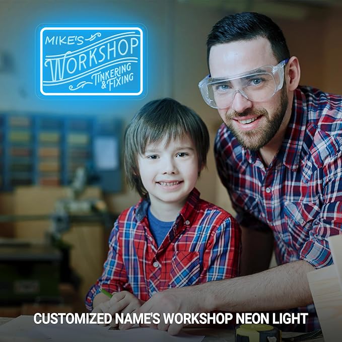 Personalized Workshop Neon Sign, Custom Name LED Garage Neon Light, Customizable Garage Light Up Sign for Man Cave, Garage, Handcrafted Workshop Decor, Gift for Dad, Husband, Craftsman