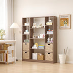 Cube Storage Bookcase with Base - Large Wooden Bookshelf with 10 Open Cubes and 4 Shelves for Home and Office, Freestanding Organizer, Walnut