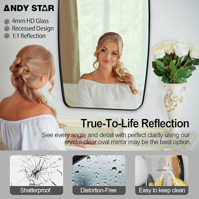 ANDY STAR 22x30 Black Bathroom Mirror, Oblong Vanity Mirror with Stainless Steel Metal Frame, Matte Black Oval Mirror for Over Sink, Modern Anti Rust Wall Mounted