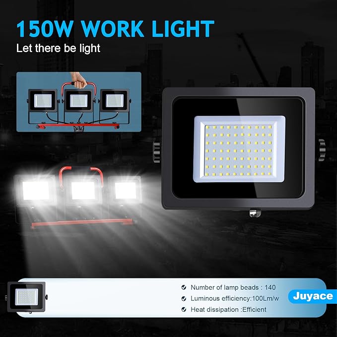 Juyace 14000Lm LED Work Light with Stand 150W 5000K Dual Head Lamp with Independent Switch Portable Construction Flood Outdoor IP65 Waterproof for Garage Workshop Backyard 2 Pack