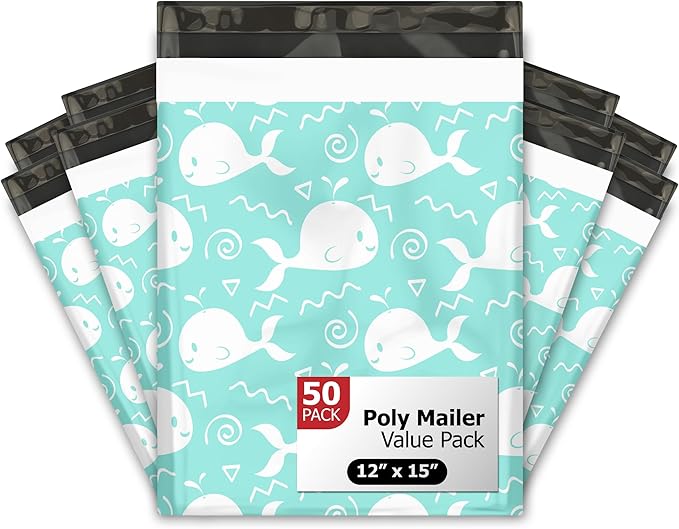 12x15 (50) Blue Whales Designer Poly Mailers Waterproof Self Sealing Tear Resistant Polymailers Shipping Envelopes Premium Printed Bags For Small Businesses