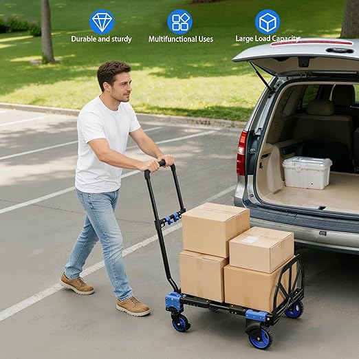 2 in 1 Folding Hand Truck,330lbs Capacity Heavy Duty Hand Truck,with Telescoping Handle and Rubber Wheels,Portable Dolly Cart with Bungee Cords for Moving,Travel,Shopping