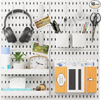 16pcs Pegboard sets, Plastic White Peg board Wall Organizer Kits,4pcs Peg Board and 12 Accessories Modular Hanging, Wall Mount Display Pegboard Panel Sets for Home Office Garage Kitchen Workshop