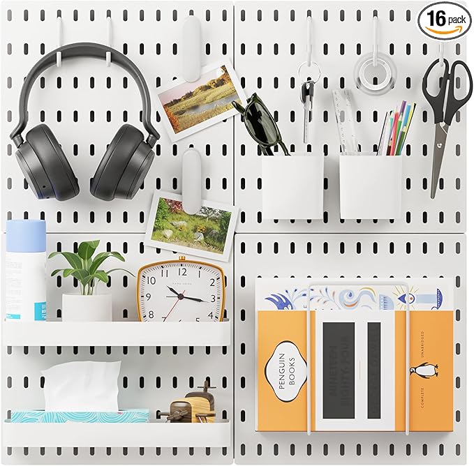 16pcs Pegboard sets, Plastic White Peg board Wall Organizer Kits,4pcs Peg Board and 12 Accessories Modular Hanging, Wall Mount Display Pegboard Panel Sets for Home Office Garage Kitchen Workshop