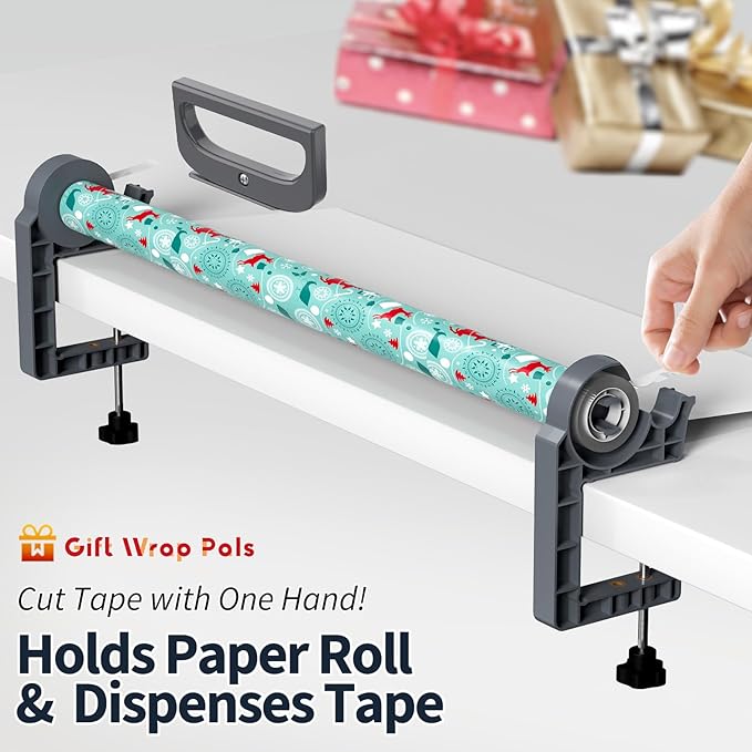 Tabletop Gift Wrapping Tool with Tape Dispenser & Cutter–2 Pack Adjustable Wrapping Paper Table Clamps with 2 Tapes–Perfect for Christmas, Holidays, and Crafting