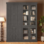 70.8" Tall Farmhouse Bookshelf, Modular Bookcase with Glass Doors, 6-Tier Adjustable Shelves, Large Storage Cabinet for Kitchen, Living Room, Black, Set of 2