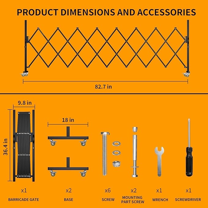 Expandable Barricade Gate,82" Metal Safety Barrier Gate with Casters,Accordion Garden Yard Outdoor Indoor Fence Folding Security Dog Gates Wall Mount,Black