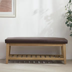 HUIMO Entryway Shoe Bench with Cushion, End of Bed Bench,Upholstered Bench for Kitchen, Bench with Solid Wood Shelf, Leather Ottoman Bench for Hallway, Living Room (PU-Brown)