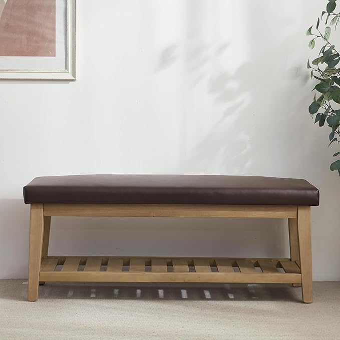 HUIMO Entryway Shoe Bench with Cushion, End of Bed Bench,Upholstered Bench for Kitchen, Bench with Solid Wood Shelf, Leather Ottoman Bench for Hallway, Living Room (PU-Brown)