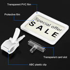 Acrylic Sign Holder with Clamp, 6 x 9 Inch Double Head Display Clips with PVC Card Protector, Rotating Sign Price Tag Clip On Sign Display for Hangrails or Tubes (Pack of 7) (White)