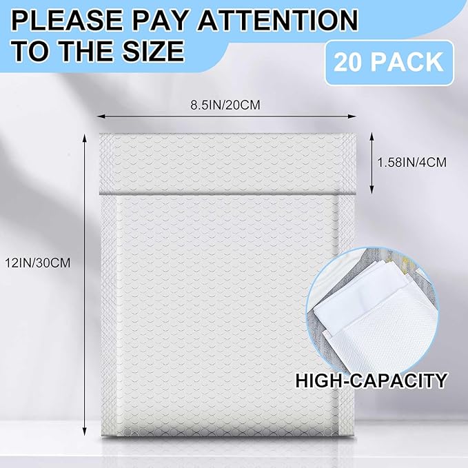 Ireer 20 Pack Extra Large Bubble Mailers 8.5 x 12" Poly Padded Envelopes Cushioned Mailing Envelopes Bubble Padded Mailers Self Adhesive Waterproof Shipping Bags for Business Gift Packaging
