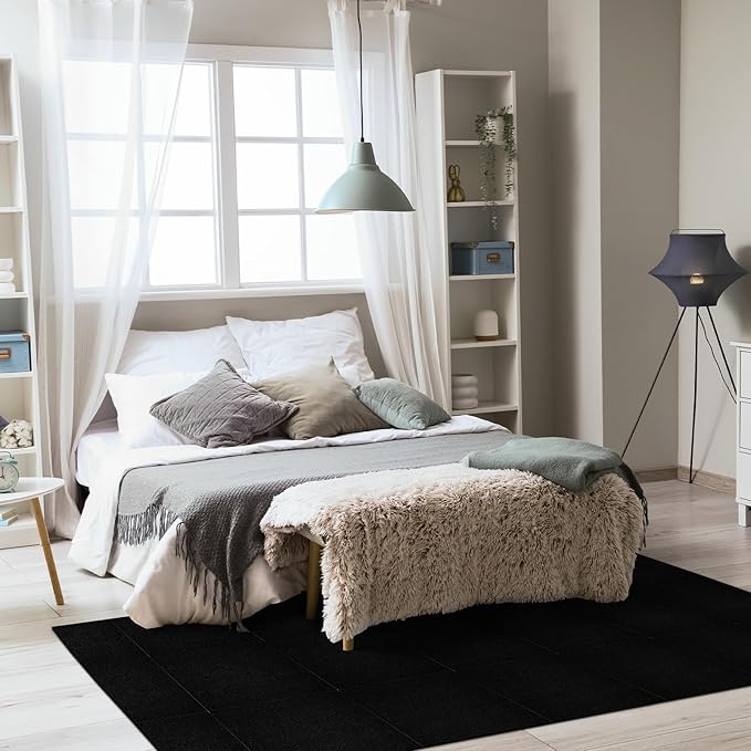 20Pcs Carpet Tiles Peel and Stick, Self Adhesive Carpet Floor Tile 12” x 12”, Black Soft Padded Flooring Sticker, Home Decor for Bedroom Living Room Office, 20 sq ft per Box