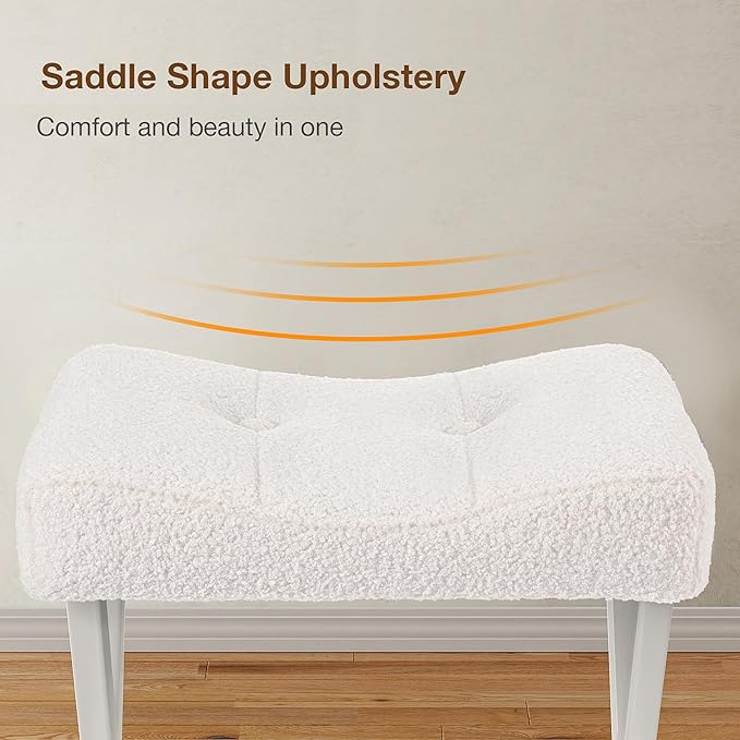 18-Inch Vanity Stool Chair, Vanity Bench with Metal X-Legs, Ottoman Accent Stool with Breathable and Soft Boucle Fabric Saddle Seat, White
