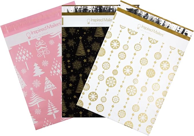 Inspired Mailers - Christmas Poly Mailers 10x13 Holiday Variety Pack of 30-10 each: Trees & Snowflakes, Rose Gold Trees, Gold Snowflake Baubles (10x13, 30 Pack)