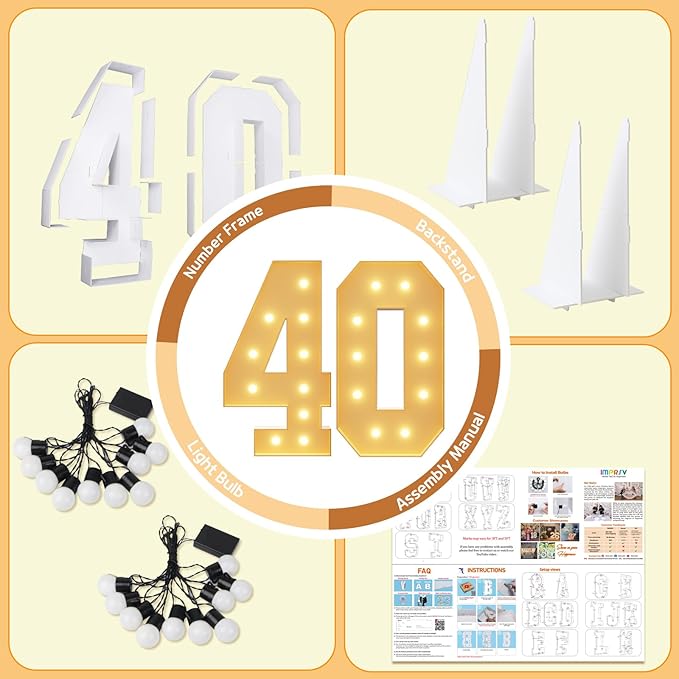 imprsv 4FT Light Up Numbers, Marquee Numbers 40th Birthday Decorations for Women Men, Large Light Up 40 Birthday Women Foam Board Anniversary Party Decorations Arch Kit (DIY)