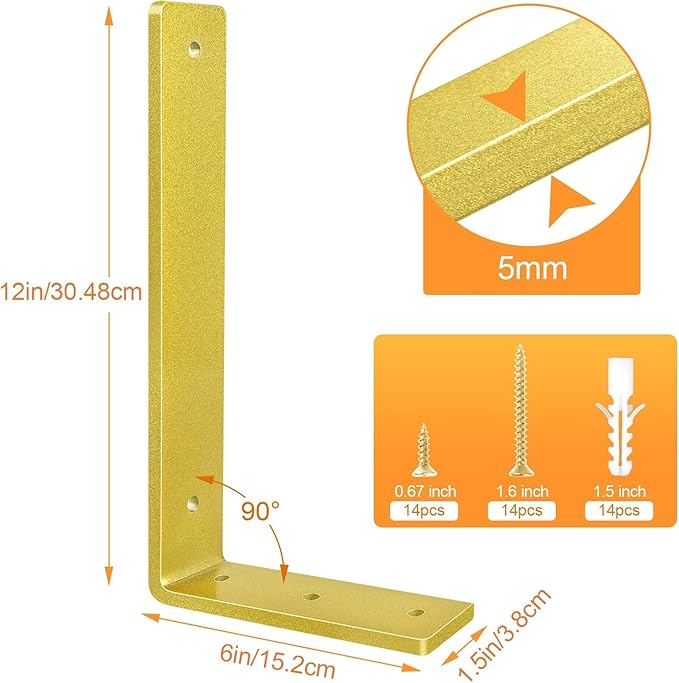 Gold Floating Shelf Bracket 12 Inch, 8 Pack Heavy Duty Shelf Brackets, Wall Shelf Bracket for DIY Decorative with Mounting Hardware