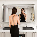 LOAAO 84X32 Inch Brushed Nickel Bathroom Mirror, Rounded Rectangle Silver Metal Frame Mirror, Brushed Nickel, Anti-Rust, Hangs Horizontally or Vertically