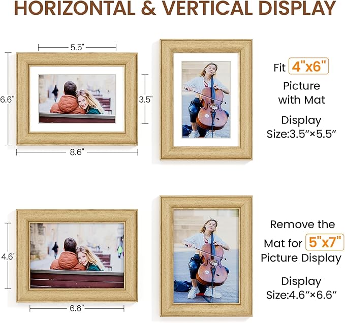 Natural Oak 5x7 Picture Frames Mat to 4x6 Picture Display Set of 3,Original Wood Handcrafted 5x7 Wooden Photo Frame with Tempered Glass Graduation Family Wedding Pictures Tabletop & Wall Decor