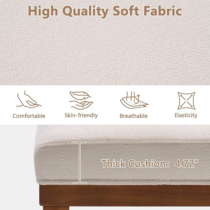Rowill 53 Inch Long Entryway Bench for Bedroom End of Bed, Dining Room Bench with Upholstered Padded Seat and Solid Wood Leg for Kitchen, Living Room, Indoor and Hallway, Cream