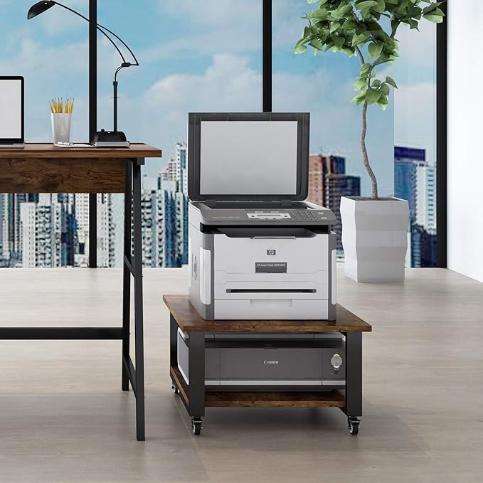 Natwind 2 Tier Laser Printer Stand,19.7''x19.7''x12.6'' Large Printer Table Copier Stand Under Desk,Heavy Duty Rolling Cart with Paper Storage Shelf,Printer Holder on Wheels for Home Office (Retro)