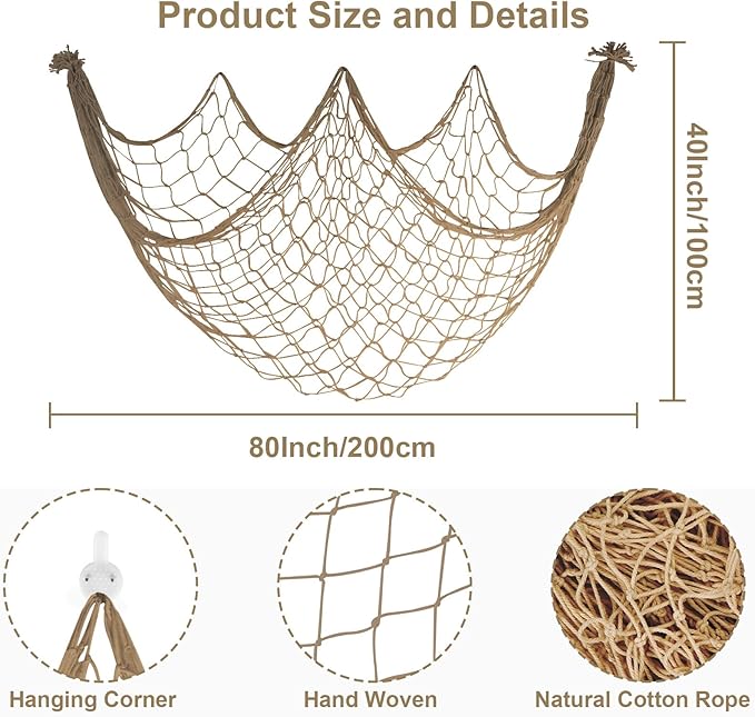 3 Pack Fish Net Decorations - 80x40'' Brown Decorative Fishing Nets Wall Decor Table Runner Ceiling Net, 3mm Natural Cotton Fish Netting for Pirate Under The Sea Nautical Beach Theme Party Decorations