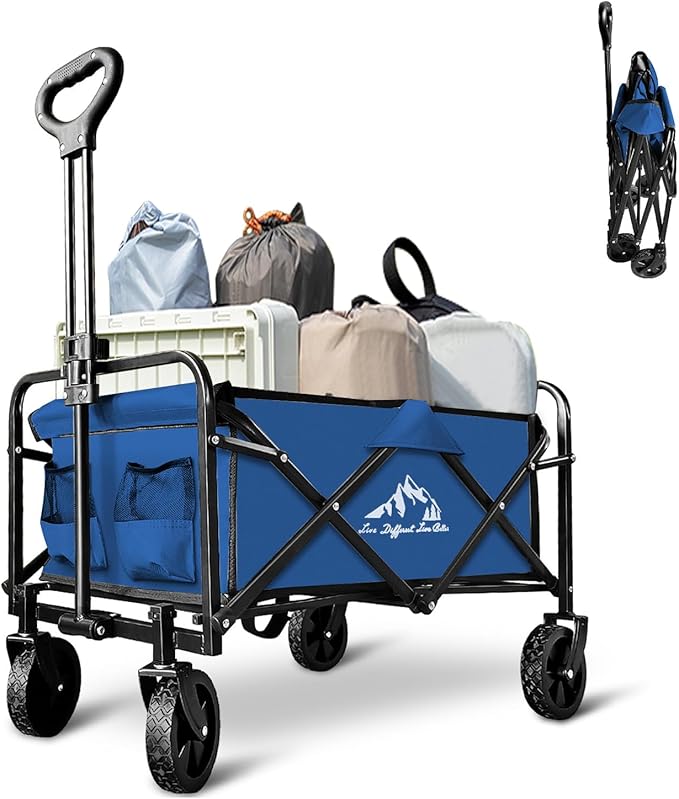 Collapsible Utility Cart Folding Wagon, 220 lbs Capacity Lightweight Rolling Cart with Quiet Wheels, Quick-Fold Design for Camping, Shopping, Ourdoor Use, Blue