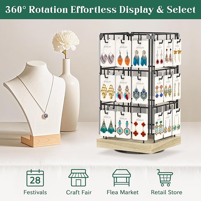 EsLuker.ly Rotating Earring Display Holder Stand for Vendors Events Selling, Large Capacity 36 Hooks Jewelry Rack with Wooden Base for Earring Card Sales, Enhances Retail Visibility(Oak Color)