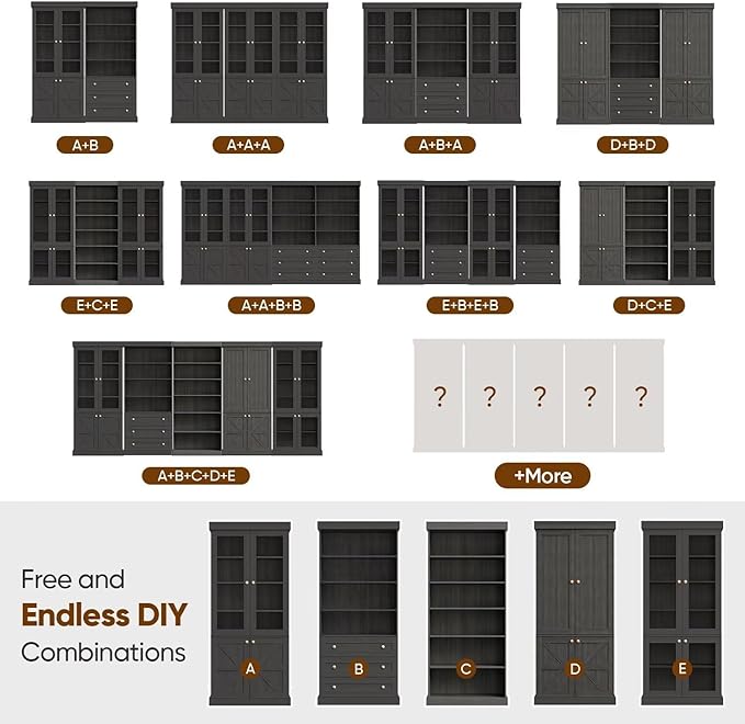 Vyre 70.8" Tall Black Bookshelf with Glass Doors, Farmhouse Modular Bookcase with 6-Tier Adjustable Shelves, Large Storage Cabinet for Home Office, Living Room