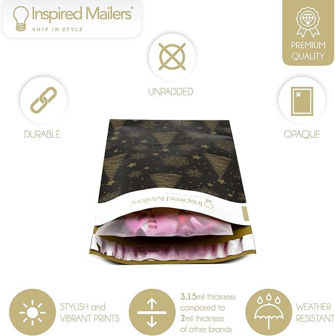 Inspired Mailers - Holiday Poly Mailers 6x9-100 Pack - Christmas Trees and Snowflakes (Black/Gold) - Small Shipping Bags 6x9 - Small Package Bags