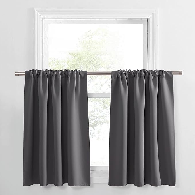 PONY DANCE Grey Short Window Curtains for Kitchen 24 inch Long, 2 Panels Set Half Window Drapes for Bedroom Basement, Blackout Small Curtains for Travel Trailers, Width 34 x Length 24 inches