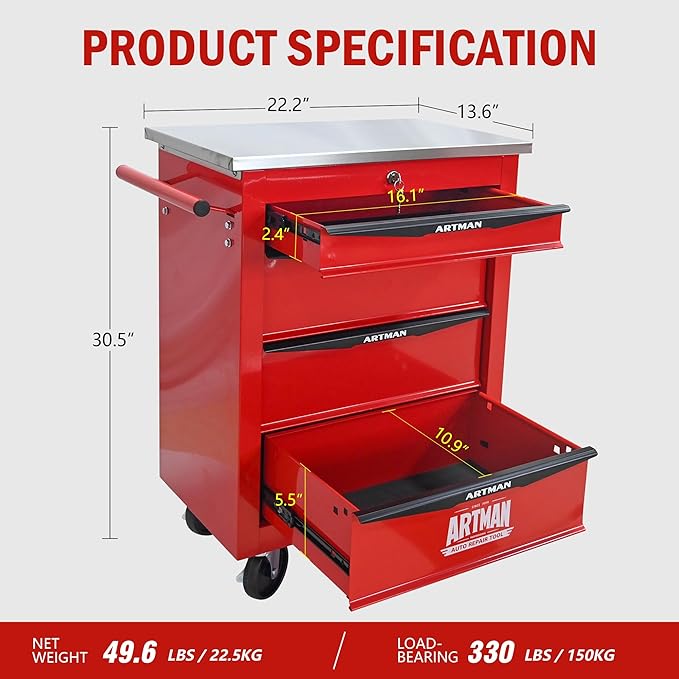 4 Drawers Tool Cart on Wheels with Stainless Steel Worktop, Heavy Duty Mobile Rolling Drawer Tool Chest with Locking Wheels & Lockable Drawers, Garage Tool Storage Cabinet (Red, 4 Drawers)