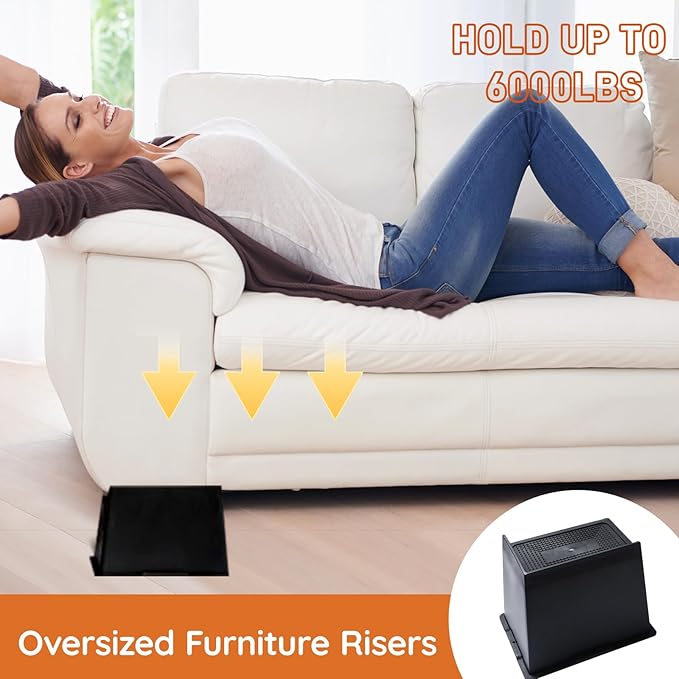 Oversized Bed Risers, King Furniture Risers, 6 inch Raise Blocks for Bed Couch Desk Sofa Table Lifts, Furniture Legs Lifters Support up to 6000 Lbs (Black, 4 Pack Set)
