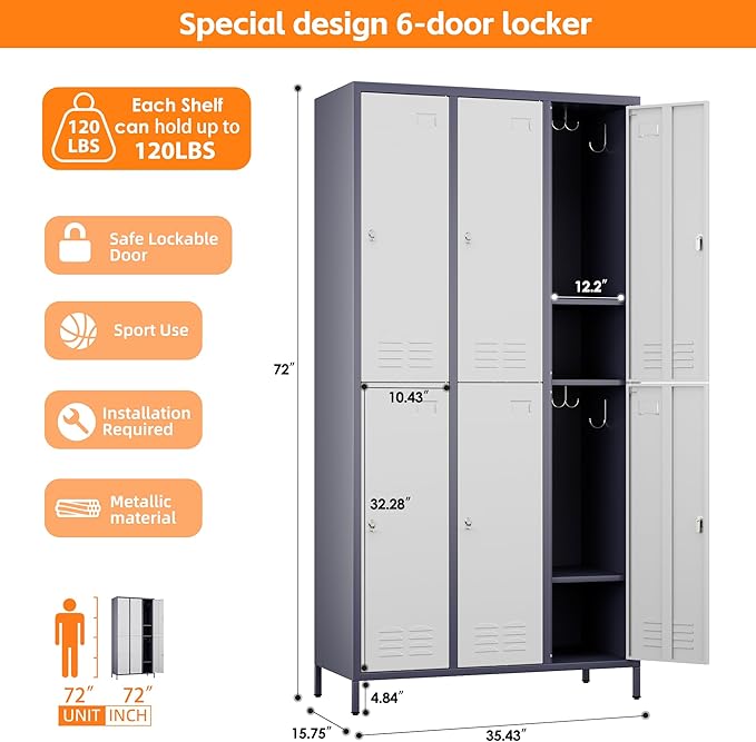 Aobabo Upgraded Metal Storage Locker for Employees, 6 Doors Metal Locker Cabinet with Lock and Name Card Slot, Industrial Storage with 18 Hooks, for Office Gym, Assembly Required,Grey White