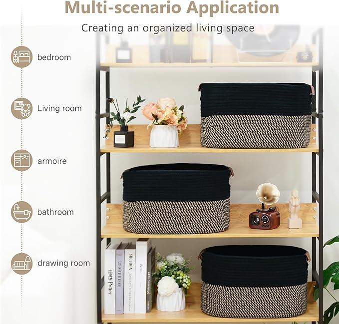 Cotton Rope Basket, Storage Baskets with Handle, 15x10x9 Inch Woven Basket for Shelves, Laundry, Towels, Clothes, Books, (Black Brown 1 Pack)