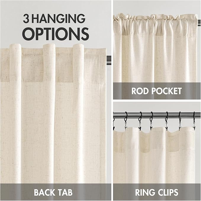 MIULEE Non-See-Through Privacy Linen Curtains 2 Panels, Light Filtering Window Curtains Farmhouse Textured Back Tab Semi Sheer Drapes for Bedroom Living Room, 52 x 90 Inches Long, Cream Ivory