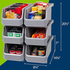 Plastic Containers for Organizing and Storage Bins for Closet, Kitchen, Office, Garage or Pantry Organization, Stackable Bins, Large (14.8" x 8" x 7"), 6-Pack, Grey