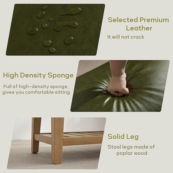 HUIMO Entryway Shoe Bench with Cushion, End of Bed Bench,Upholstered Bench for Kitchen, Bench with Solid Wood Shelf, Leather Ottoman Bench for Hallway, Living Room (PU-Green)
