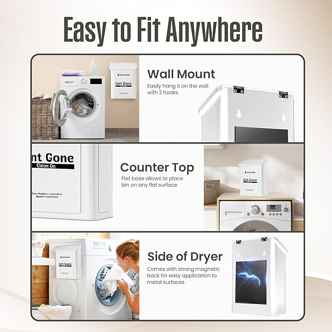 COZYCOTTAGE Magnetic Lint Bin for Laundry Room, Wall Mounted Metal Lint Box Holder Trash Can with Lid for Dryer, Storage Decor with Dryer Lint Basket for Laundry Room Organization, White