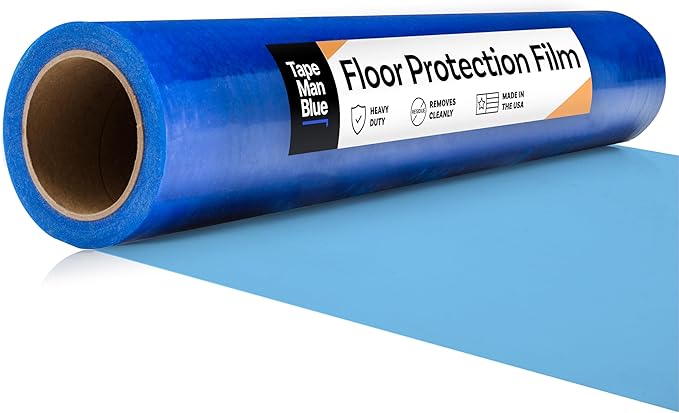 Floor Protection Film, 48 inch x 500' roll, Made in USA, Blue Self Adhesive Floor Protector for Moving and Construction, Temporary Covering for Protection of Hardwood, Tile, Hard Surfaces