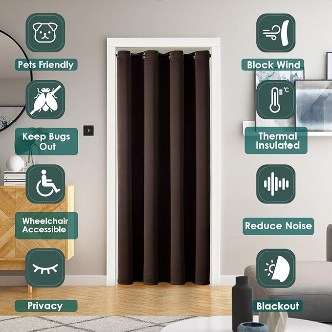 ChrisDowa Blackout Door Curtains for Doorway Privacy, Grommet Closet Curtains for Bedroom Closet Door, Thermal Insulated Temporary Doorway Cover Room Divider Drapes (1 Panel, Brown, 42 x 80 Inch)