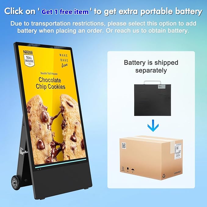 MWE 43 Inch Outdoor Digital Signage Display, Portable Battery Powered High Brightness Screen Advertising Display Kiosk, Movable Waterproof Standing Poster, Android OS