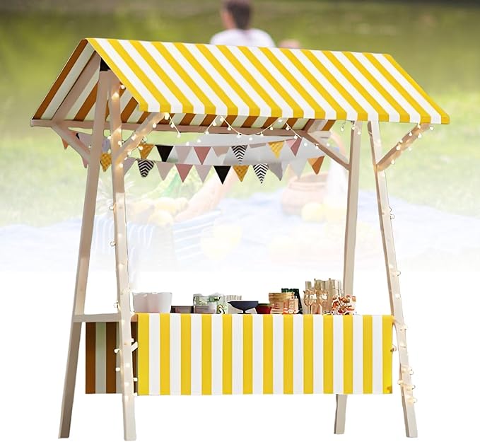 Collapsible Mobile Market Stall Carts Vendor on Wheels, Wood Outdoor Vendor Cart, Easy to Assemble for Parties, Birthdays, Weddings, Bar(Yellow2,150cm/59in)